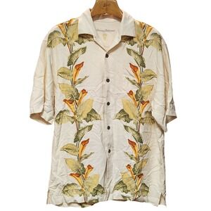 Tommy Bahama Mens 100% Silk Aloha Button Shirt Cream Tropical Floral Print L